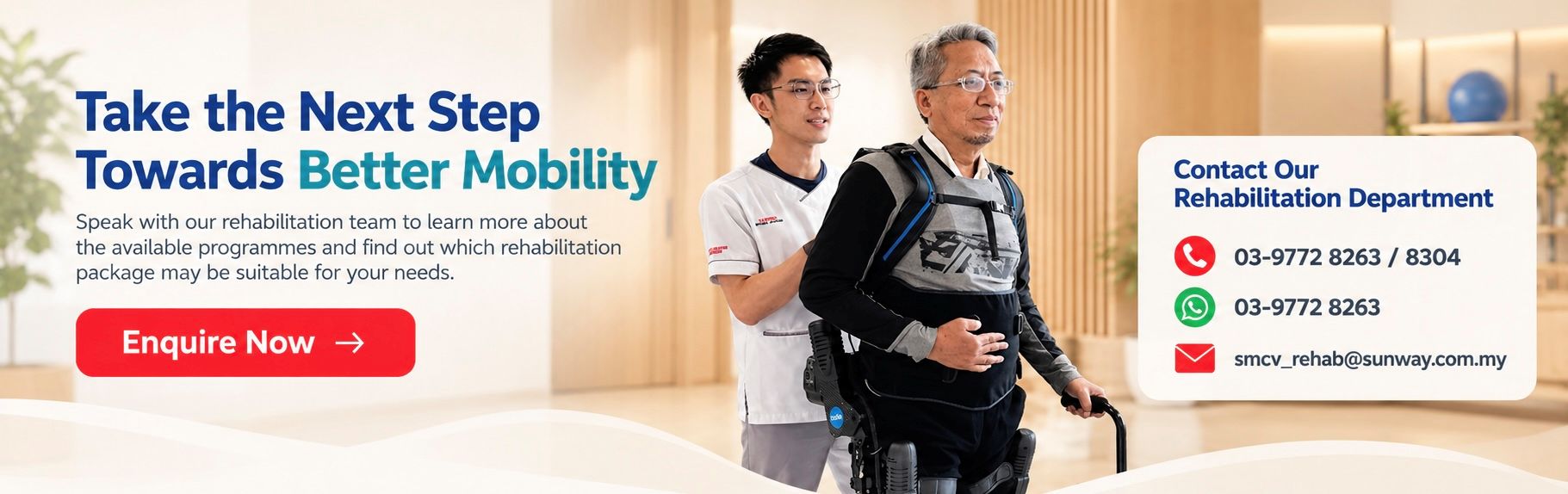 Take the next step towards better mobility. Speak with our rehabilitation team to learn more about the available programmes and find out which rehabilitation package may be suitable for your needs. Enquire Now.